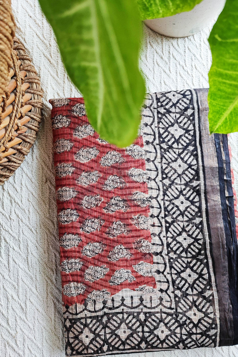 Black, White & Red Premium Kota Doria Handblock Printed Saree