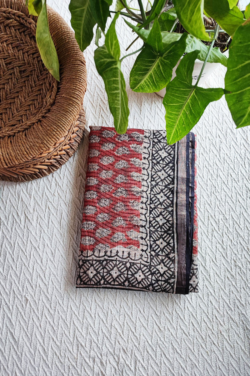 Black, White & Red Premium Kota Doria Handblock Printed Saree