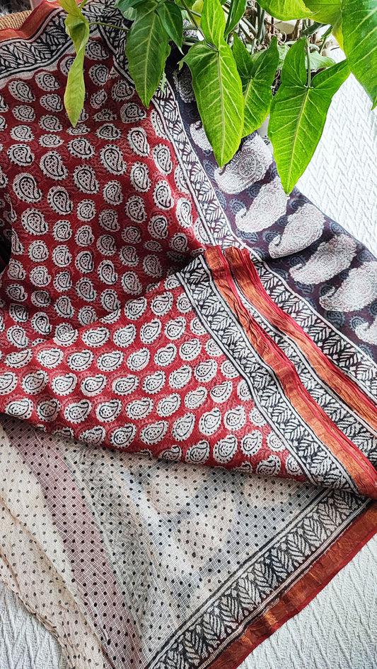 Black & Red Premium Kota Doria Handblock Printed Saree