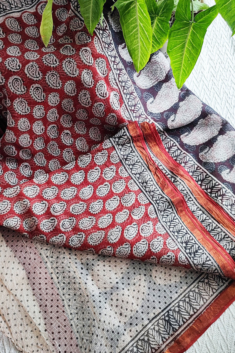 Black & Red Premium Kota Doria Handblock Printed Saree