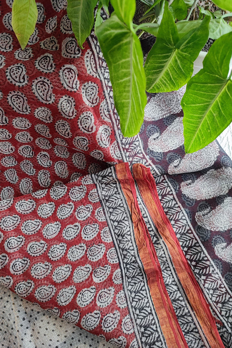 Black & Red Premium Kota Doria Handblock Printed Saree