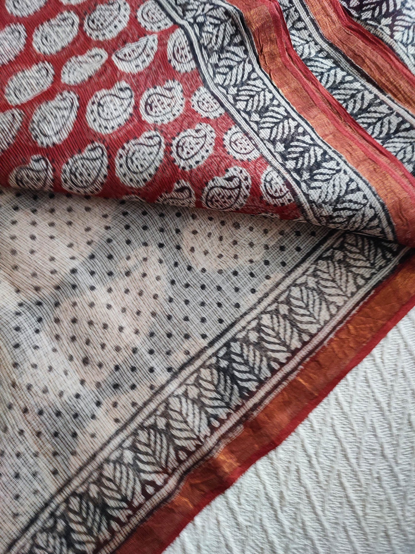 Black & Red Premium Kota Doria Handblock Printed Saree