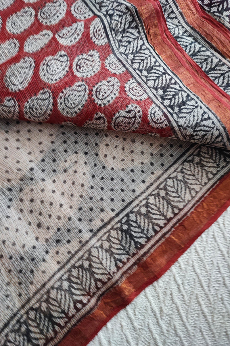 Black & Red Premium Kota Doria Handblock Printed Saree