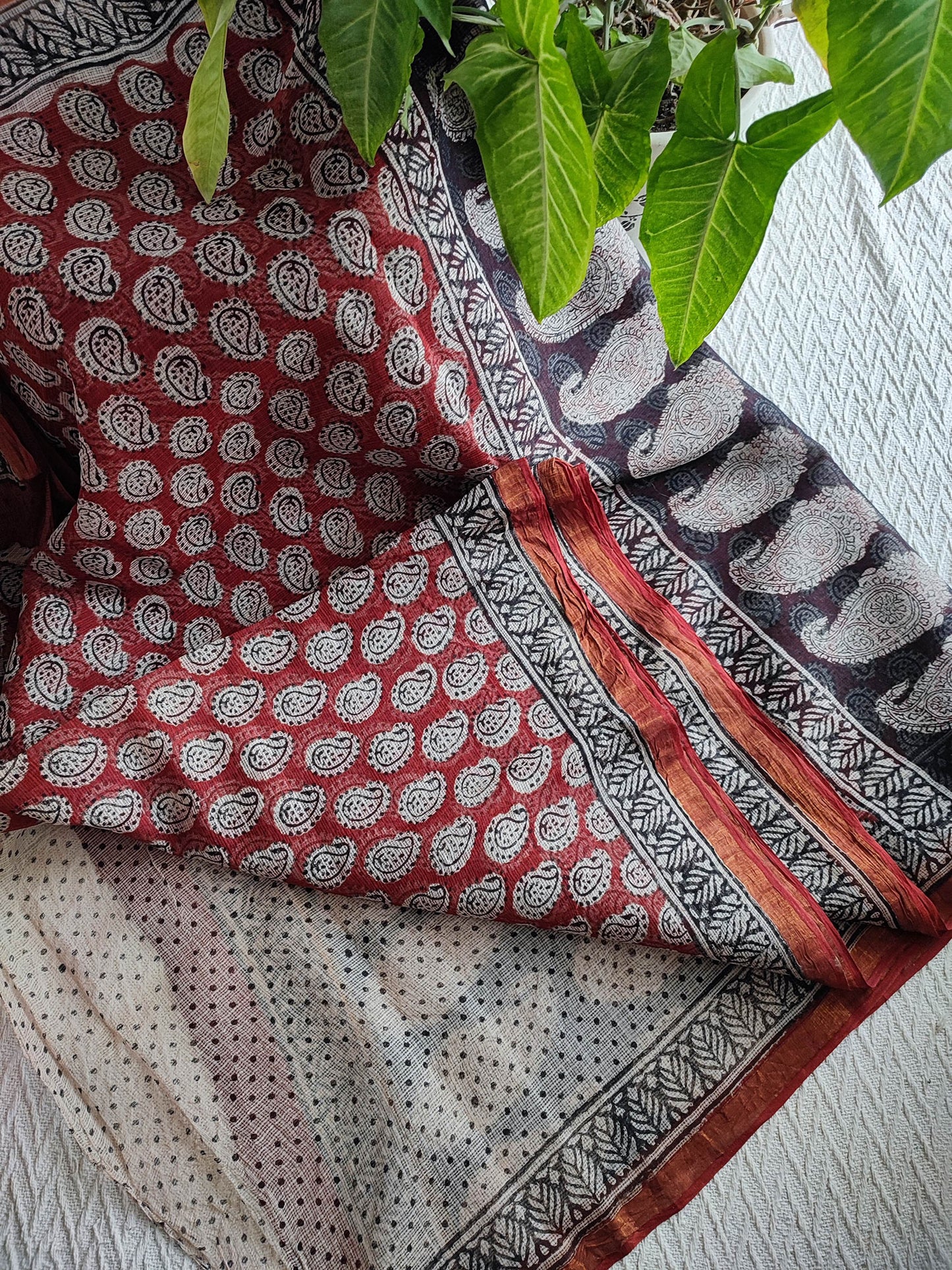Black & Red Premium Kota Doria Handblock Printed Saree