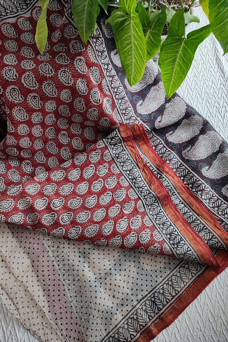 Black & Red Premium Kota Doria Handblock Printed Saree