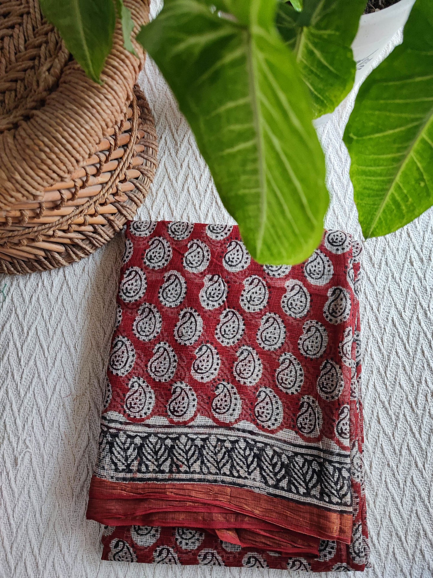 Black & Red Premium Kota Doria Handblock Printed Saree