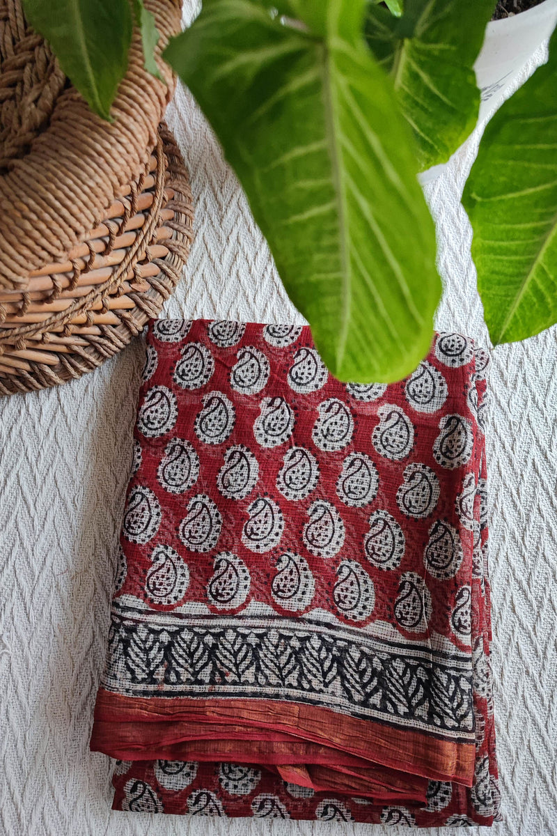 Black & Red Premium Kota Doria Handblock Printed Saree