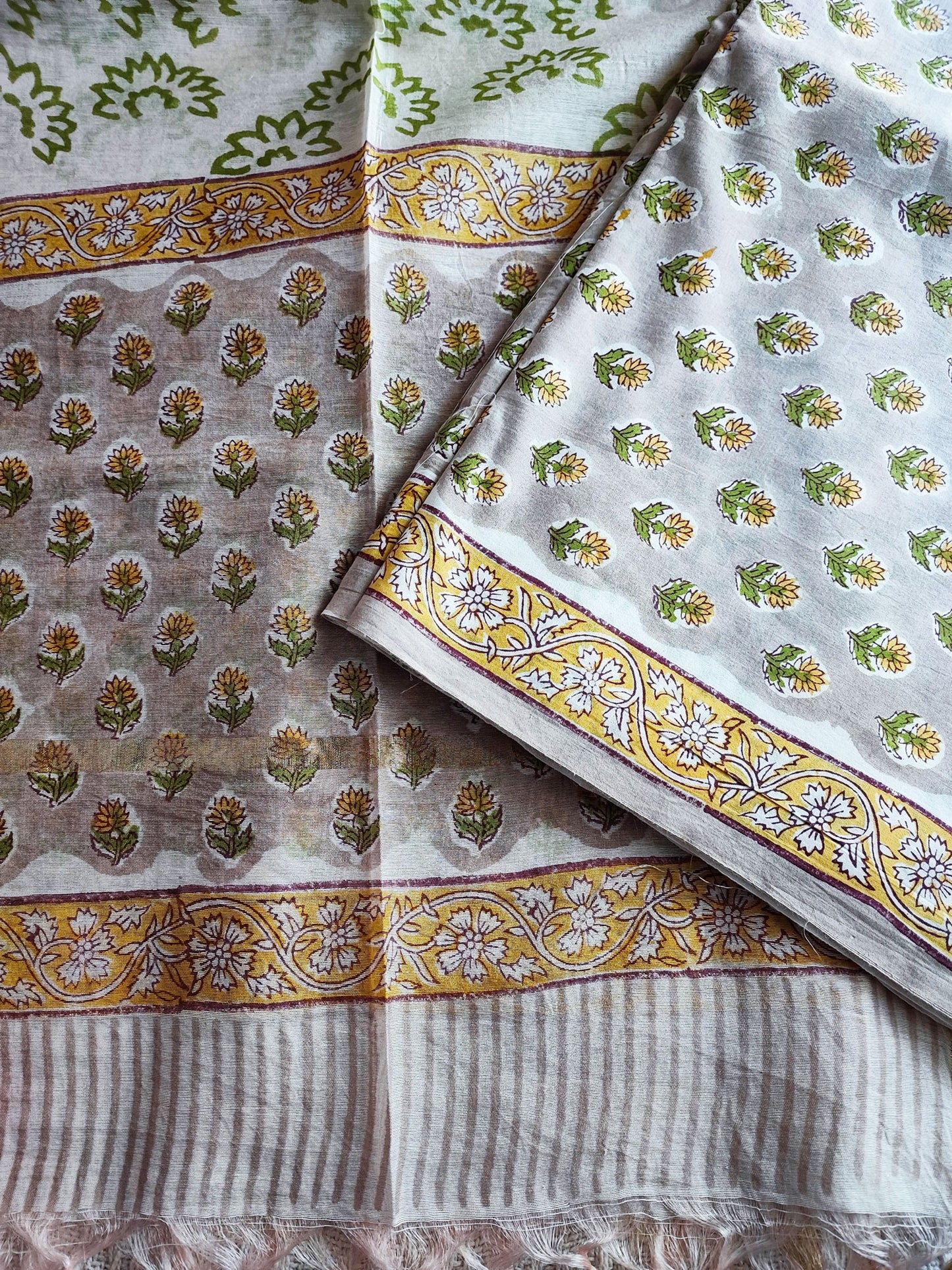 Mustard & Olive Green Cotton Suit With Chanderi Cotton Silk Handblock Dupatta