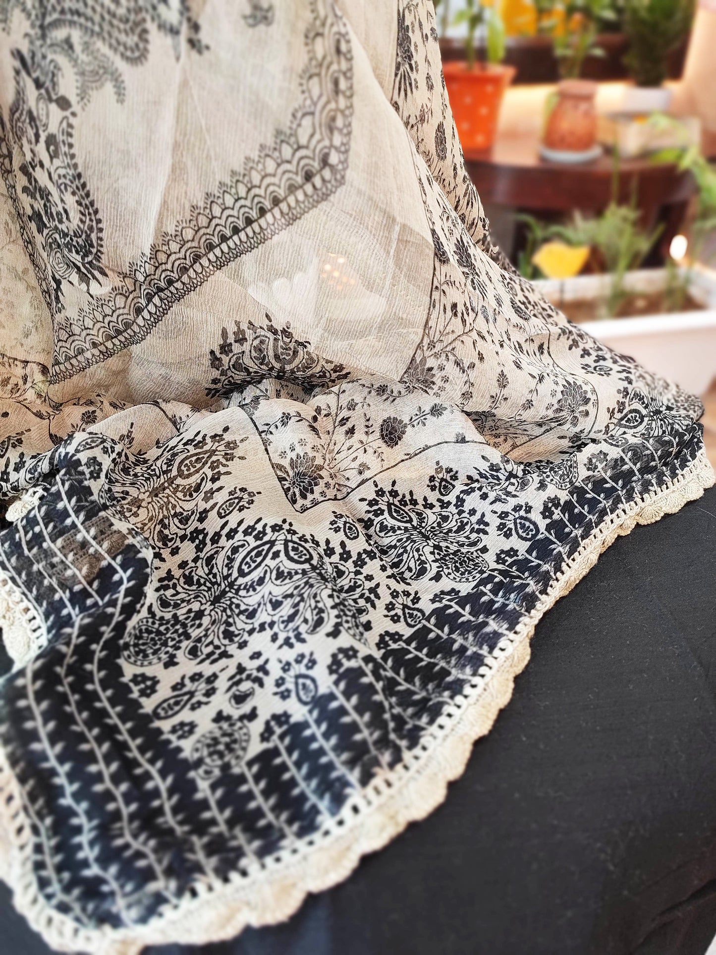 Black Printed Fine Cotton Chanderisilk Suit with chiffon Dupatta
