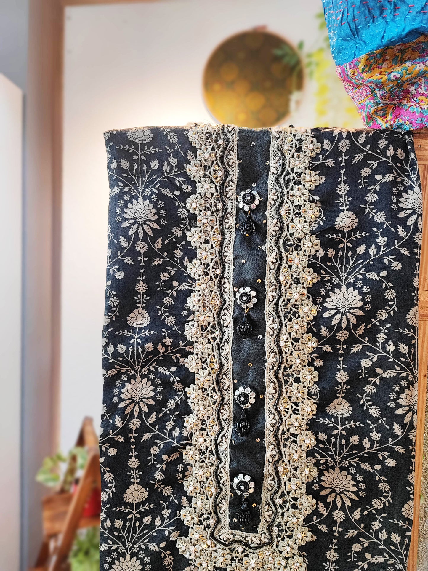 Black Printed Fine Cotton Chanderisilk Suit with chiffon Dupatta