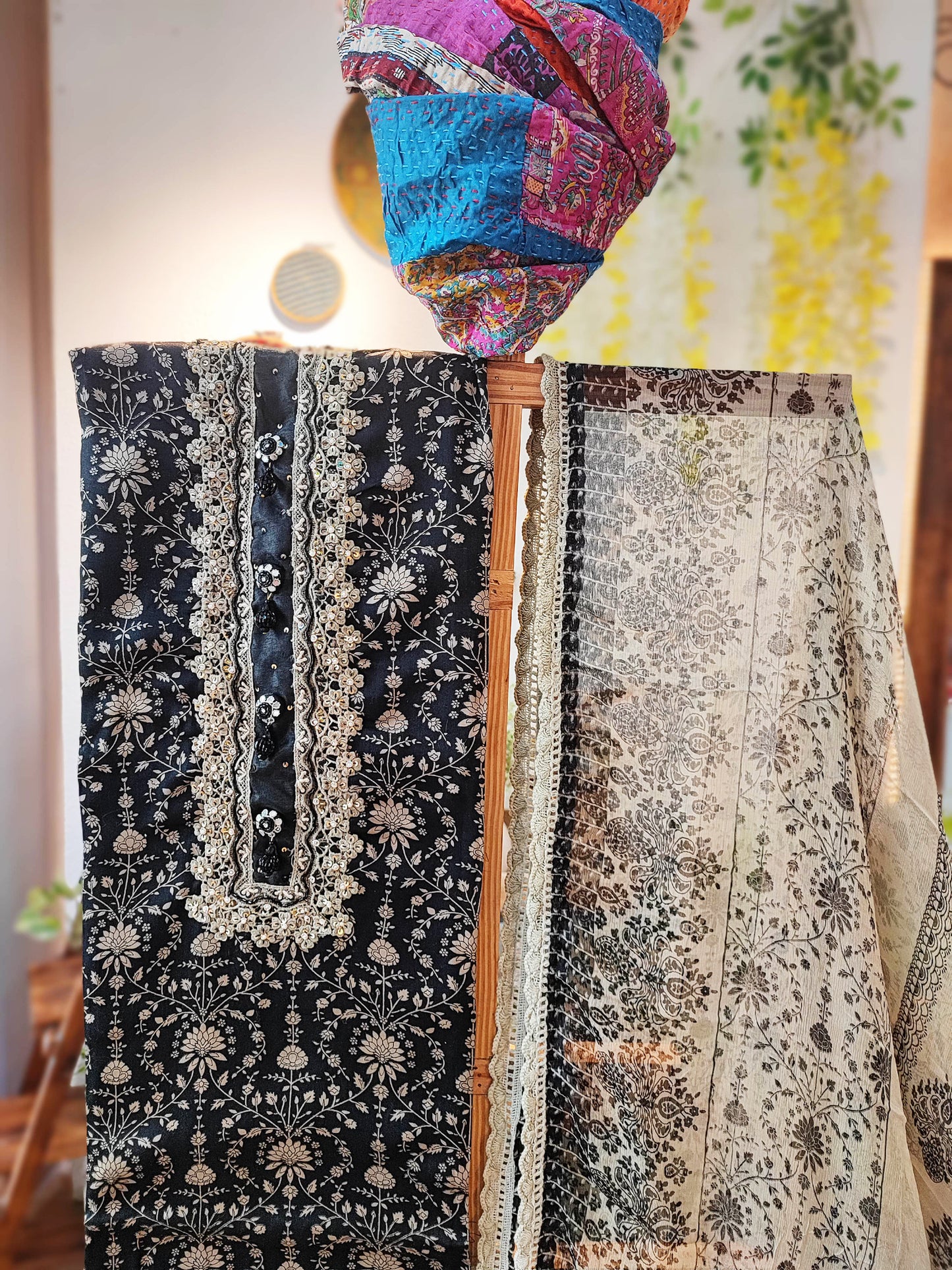 Black Printed Fine Cotton Chanderisilk Suit with chiffon Dupatta