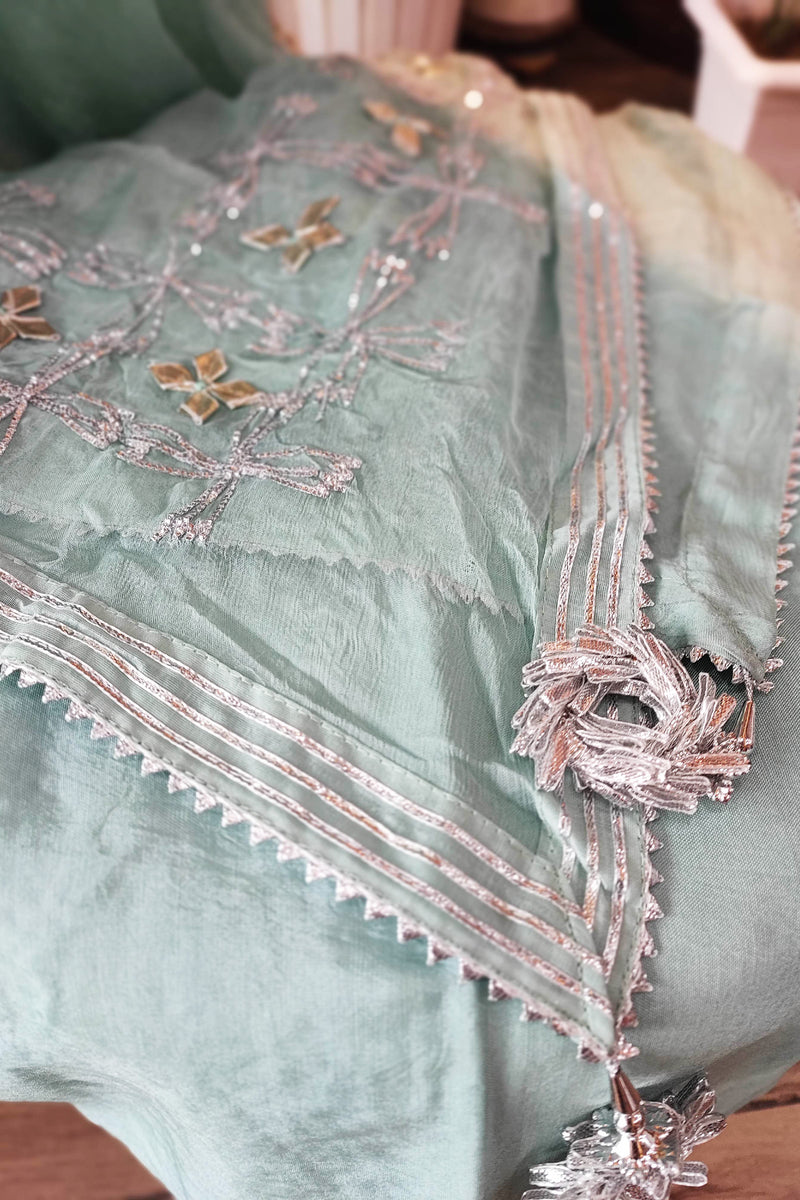 Pista Green Chanderisilk Suit with chiffon Dupatta