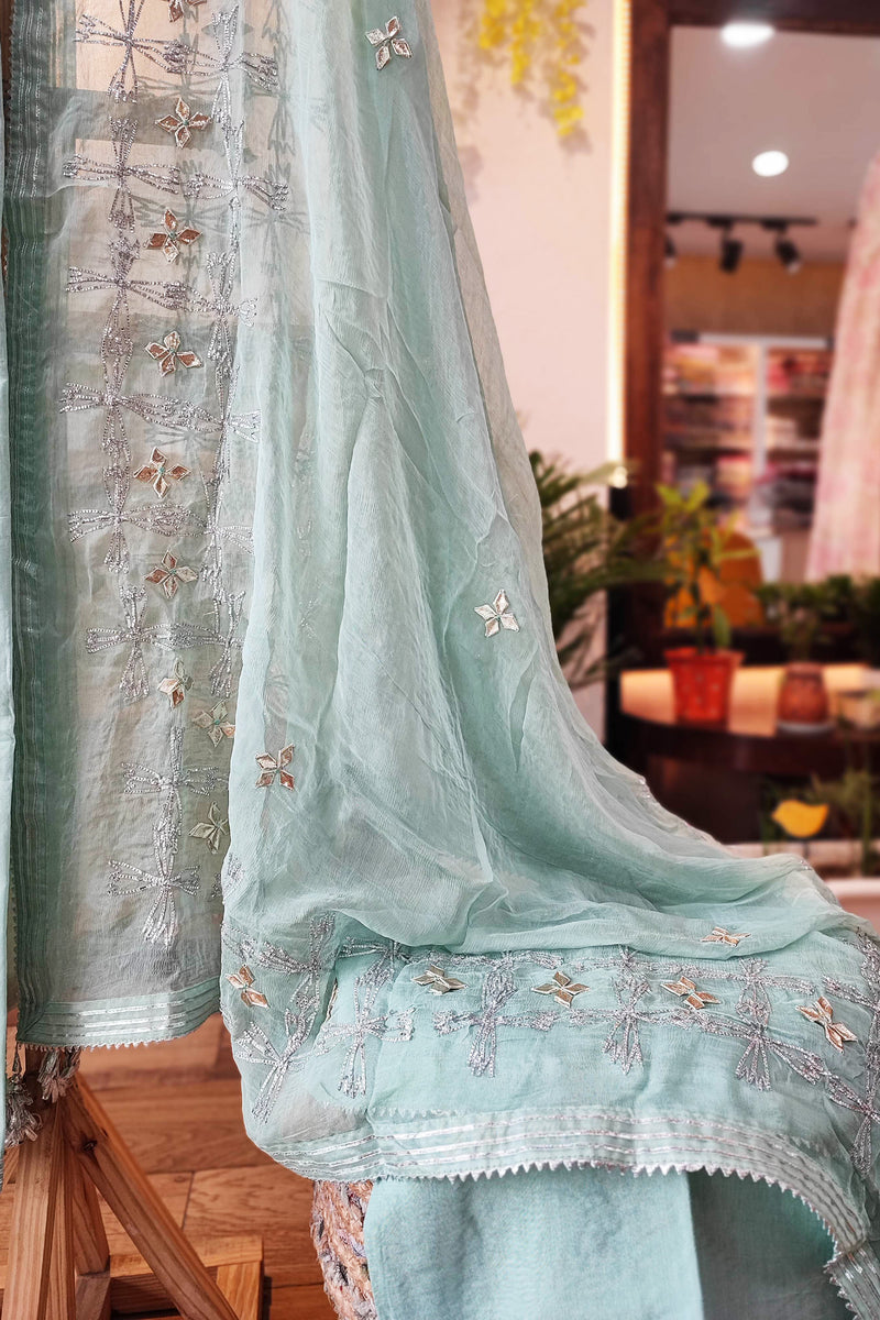 Pista Green Chanderisilk Suit with chiffon Dupatta