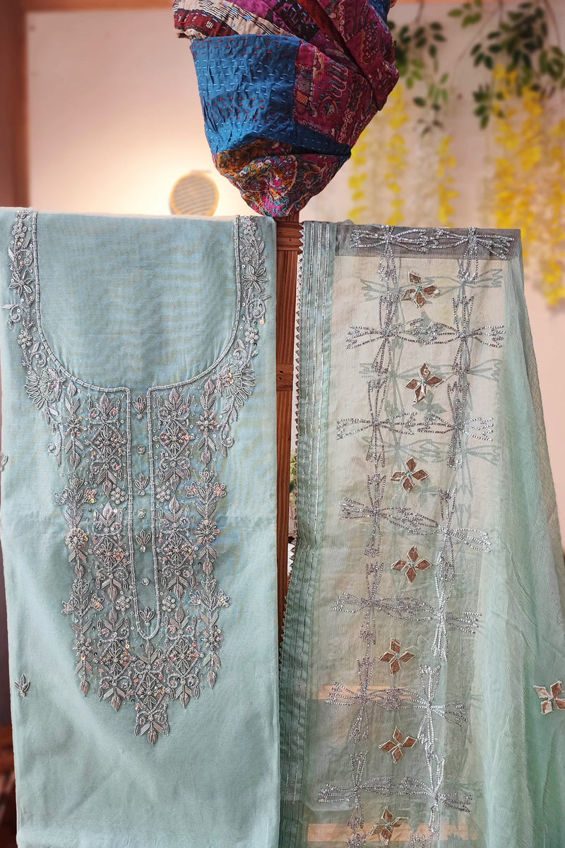 Pista Green Chanderisilk Suit with chiffon Dupatta