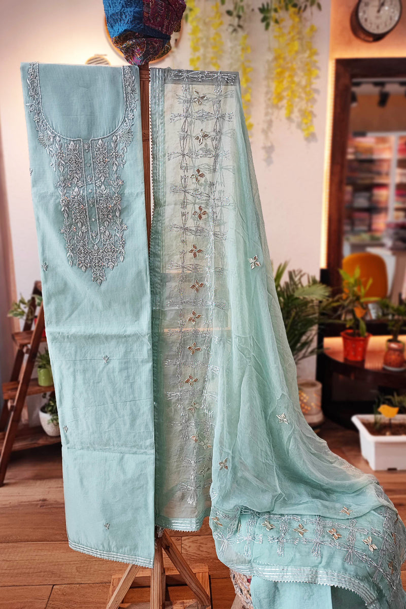 Pista Green Chanderisilk Suit with chiffon Dupatta