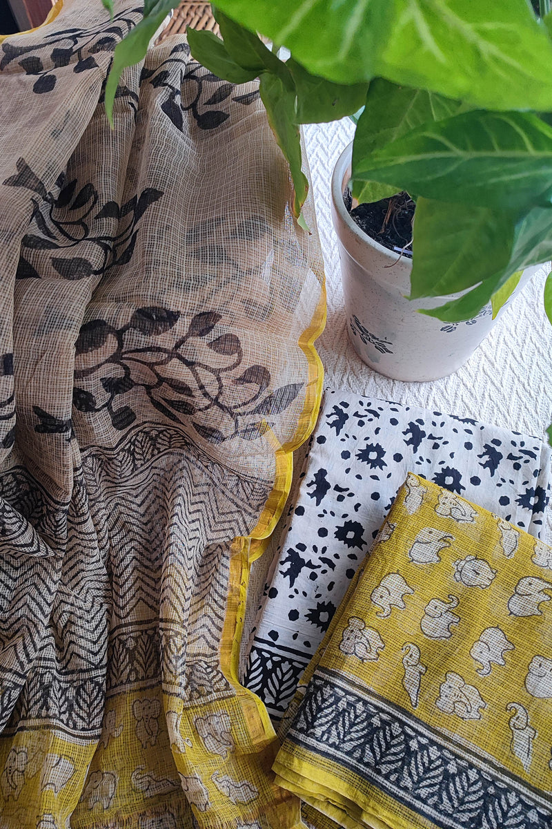 Yellow Handblock Printed Kota Suit Set