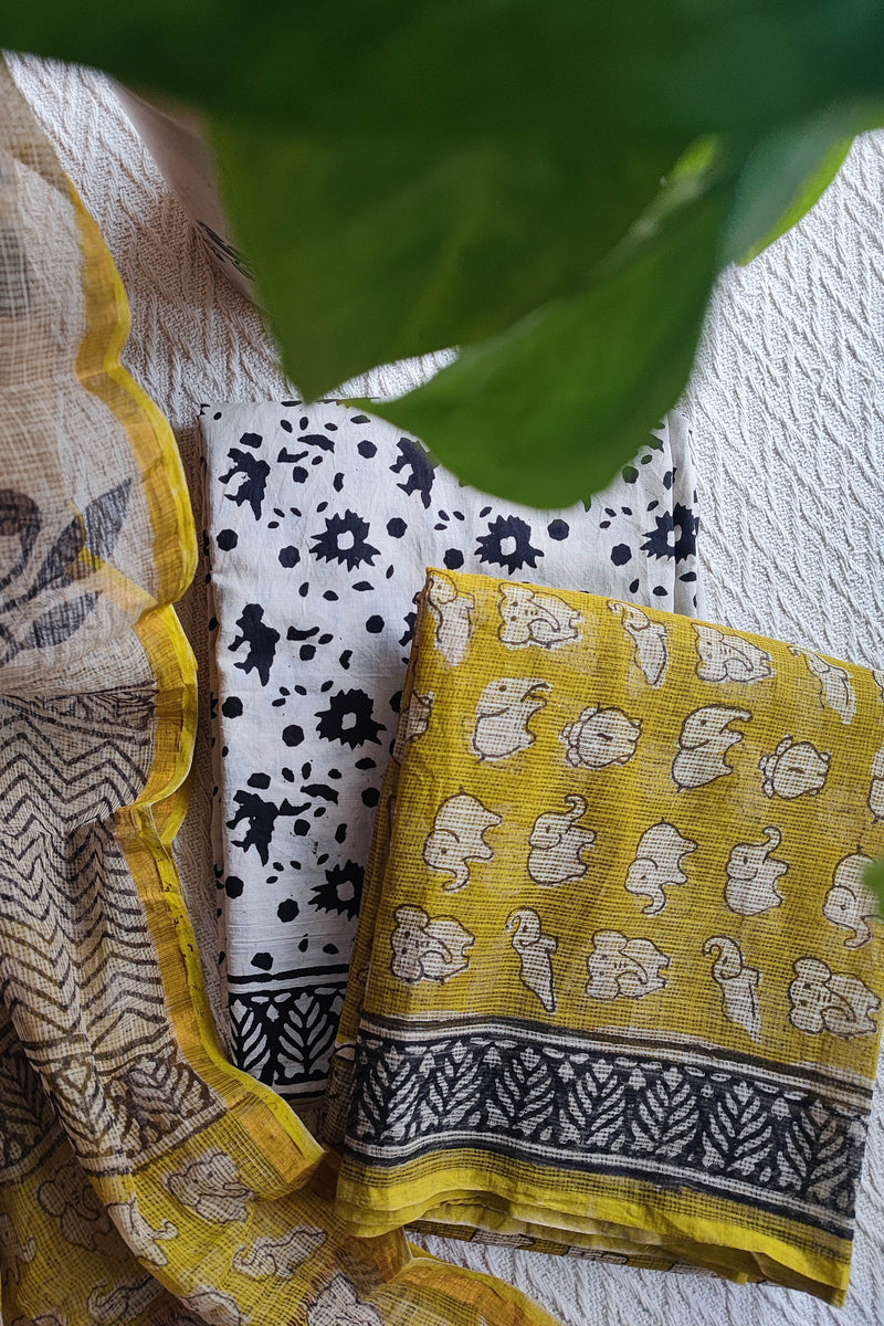 Yellow Handblock Printed Kota Suit Set
