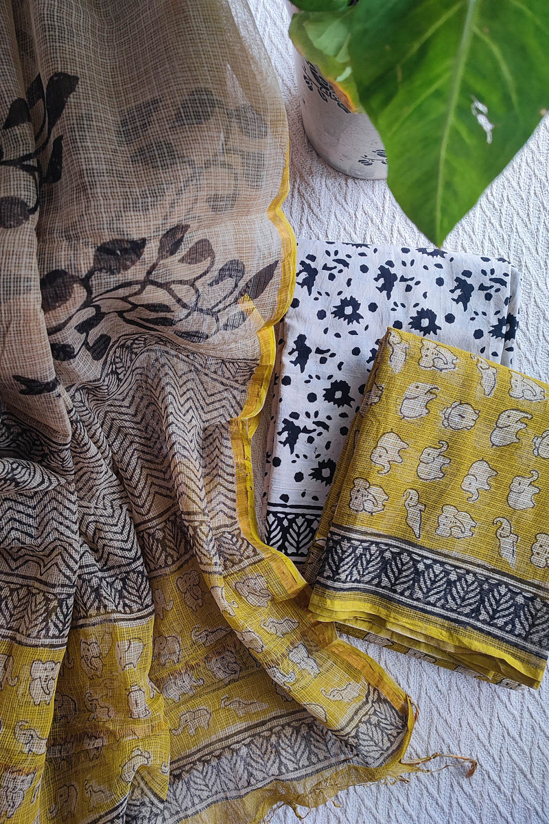 Yellow Handblock Printed Kota Suit Set