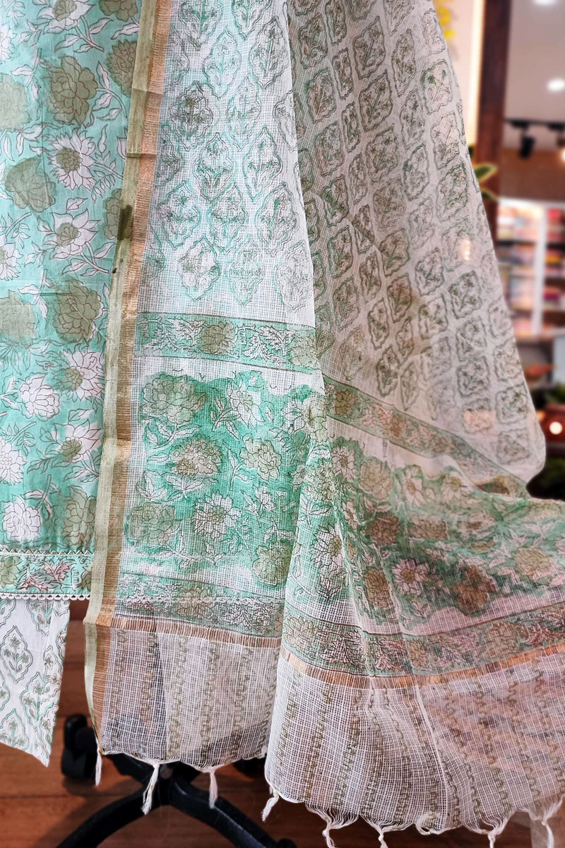 Pista Handblock Print Cotton Suit Set With Neck Embroidery