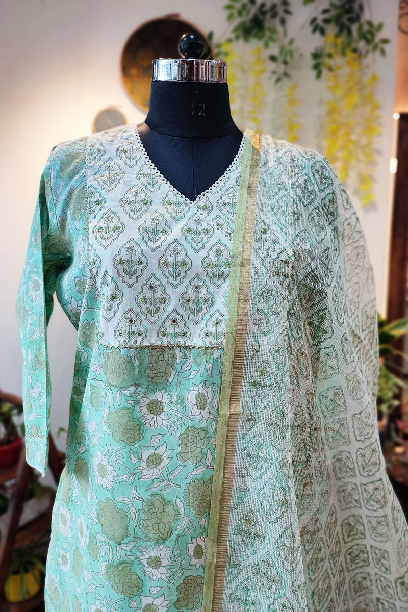 Pista Handblock Print Cotton Suit Set With Neck Embroidery