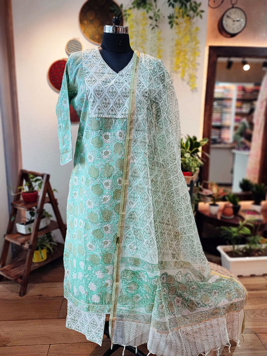 Pista Handblock Print Cotton Suit Set With Neck Embroidery
