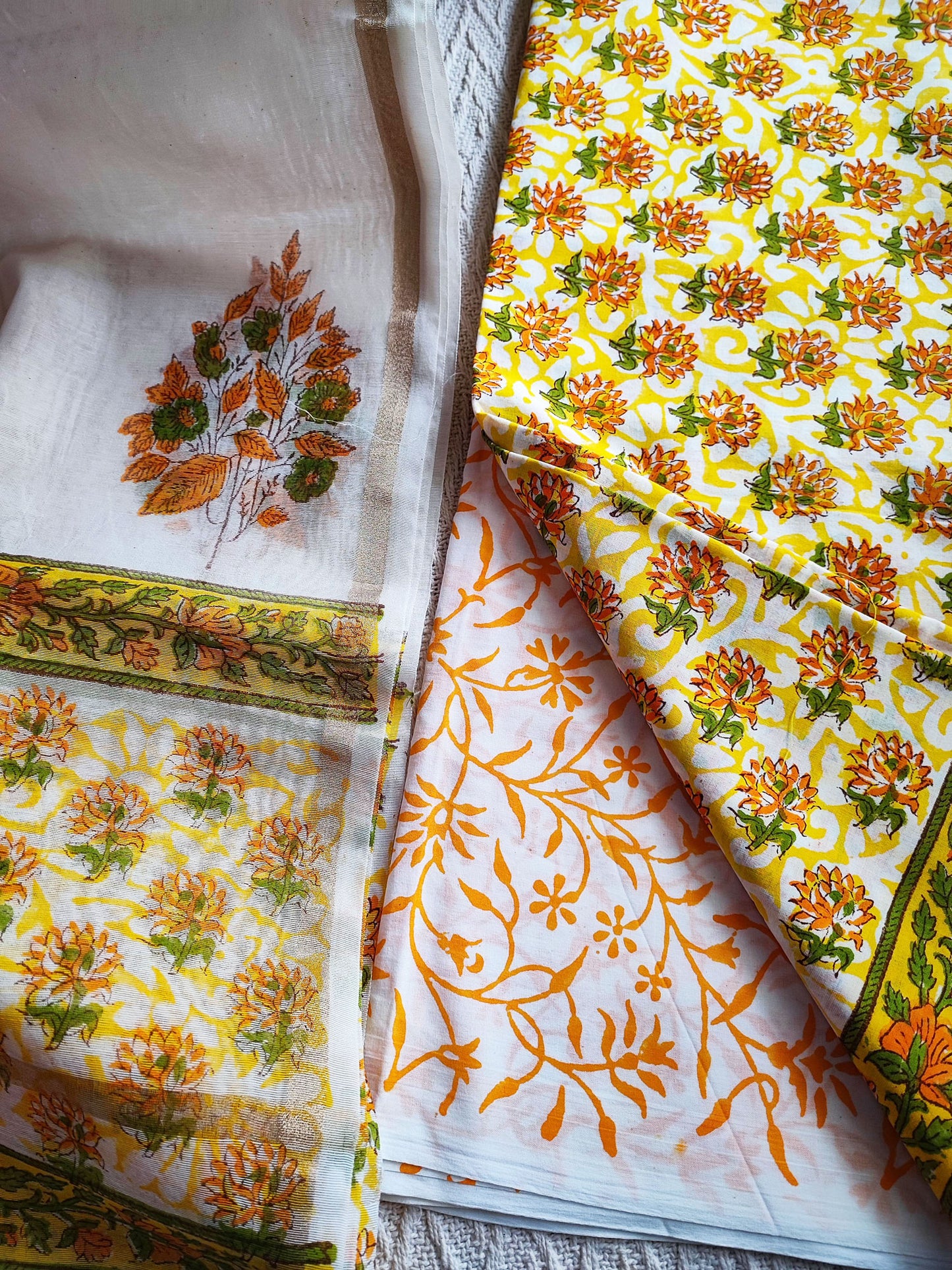 Lemon Yellow & White Floral Cotton Suit Set with Chiffon Dupatta