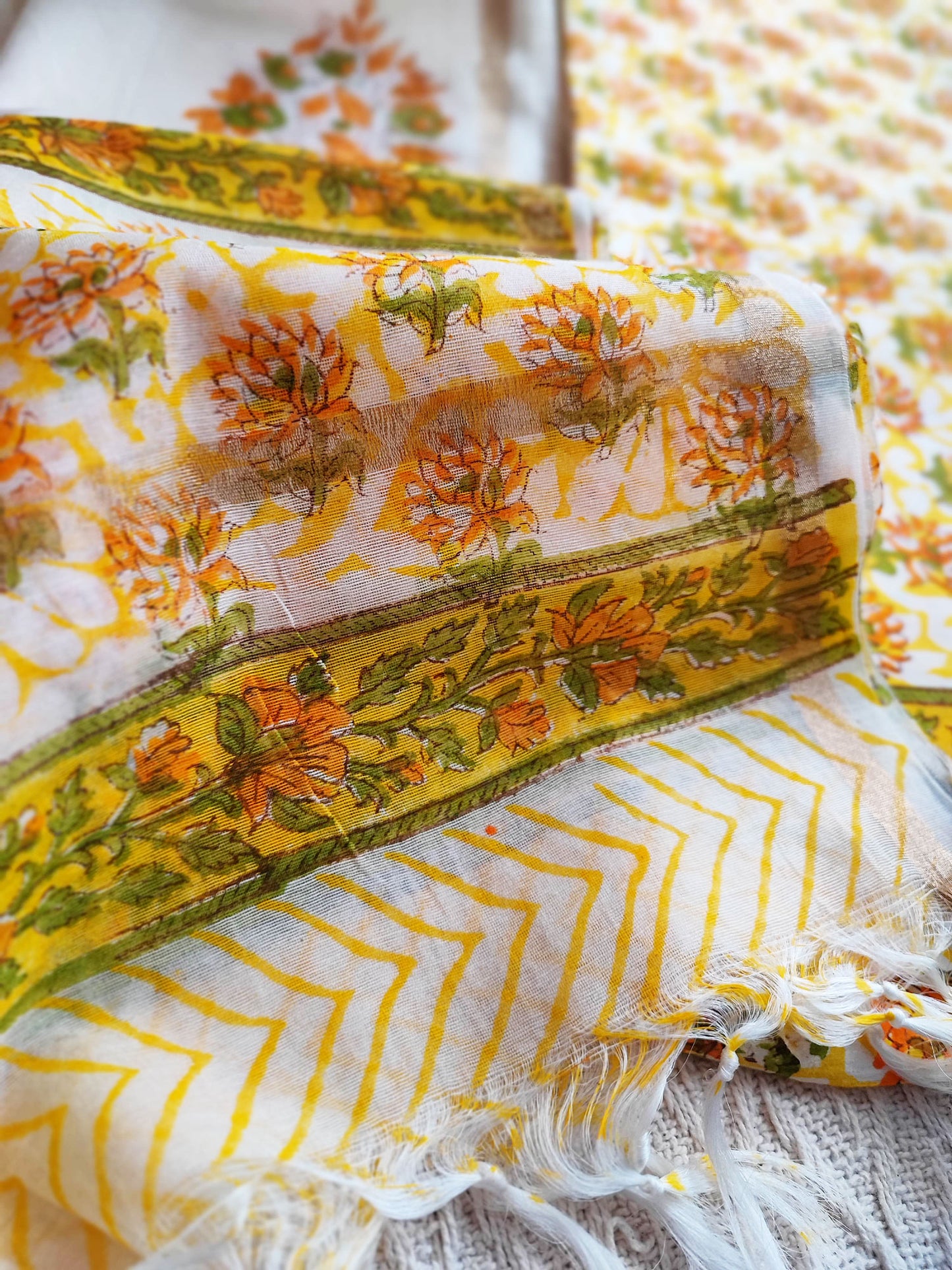Lemon Yellow & White Floral Cotton Suit Set with Chiffon Dupatta