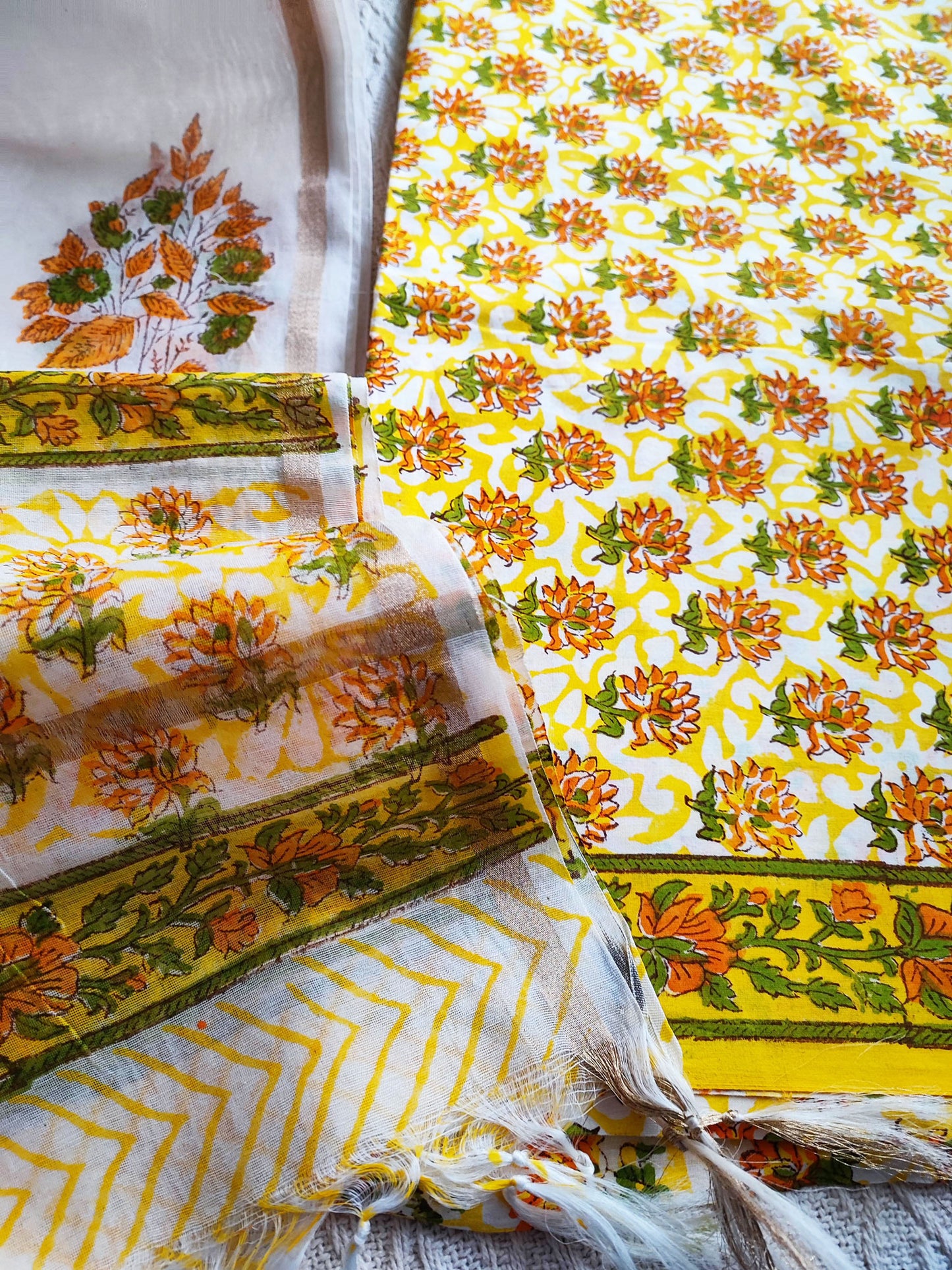 Lemon Yellow & White Floral Cotton Suit Set with Chiffon Dupatta