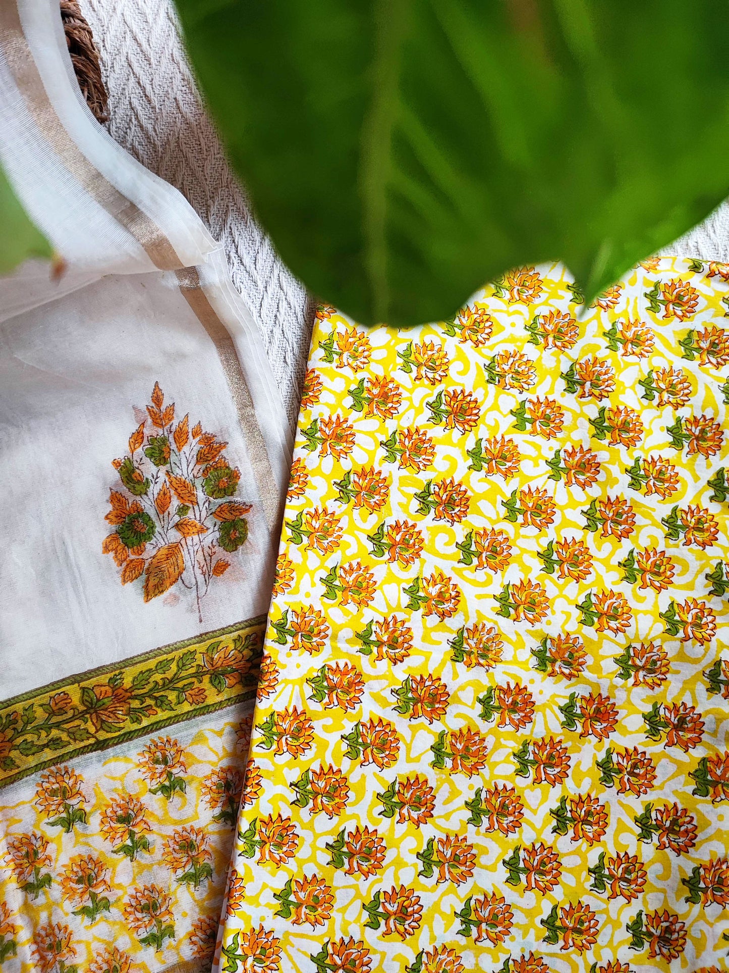 Lemon Yellow & White Floral Cotton Suit Set with Chiffon Dupatta