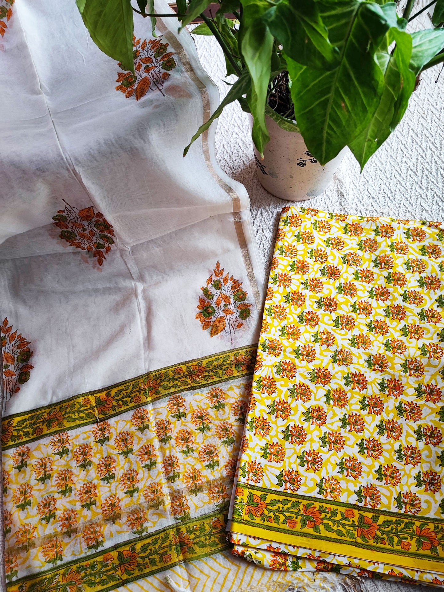 Lemon Yellow & White Floral Cotton Suit Set with Chiffon Dupatta