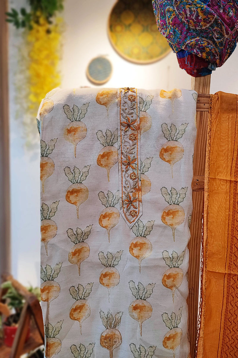 Mustard & White Premium Modal Silk Printed Suit Set