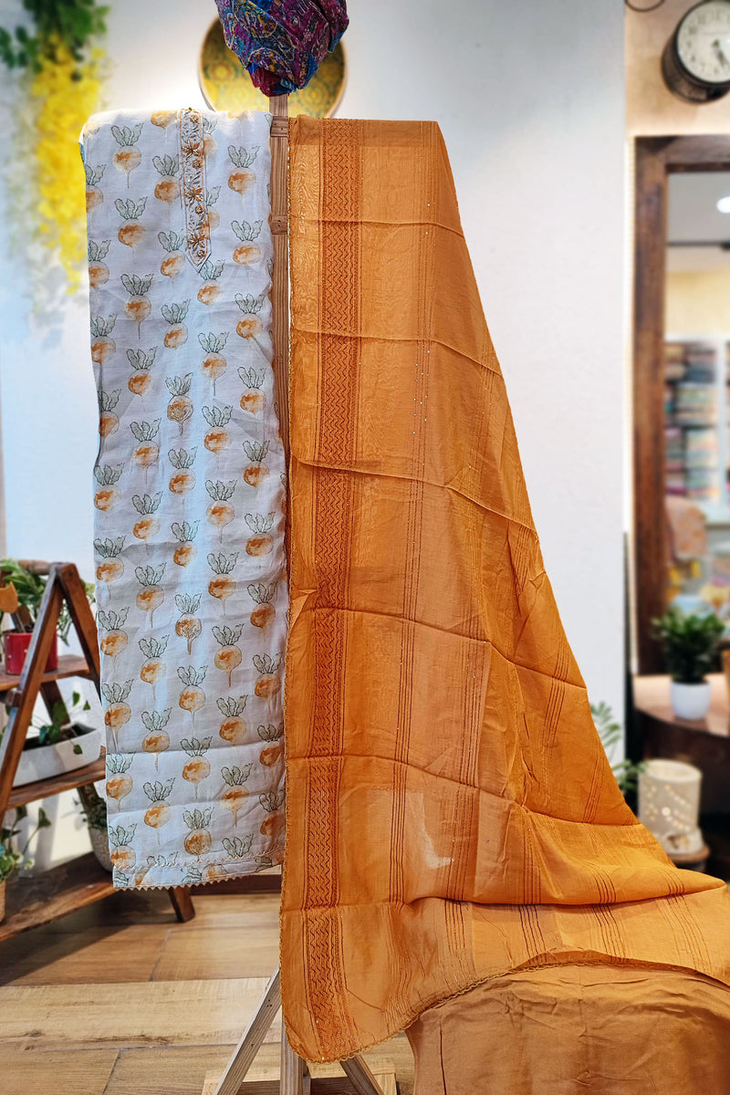 Mustard & White Premium Modal Silk Printed Suit Set