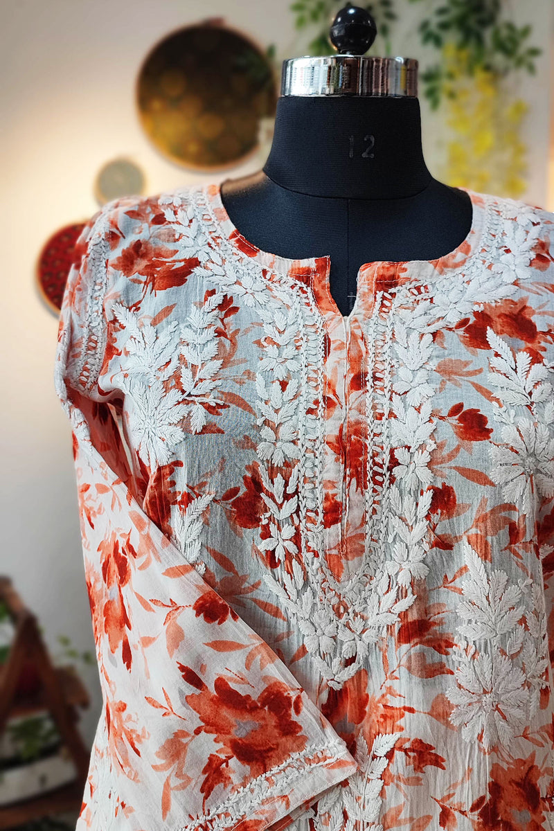 Pure Cotton Floral print  Lucknowi Kurta With Chikankari Embroidery