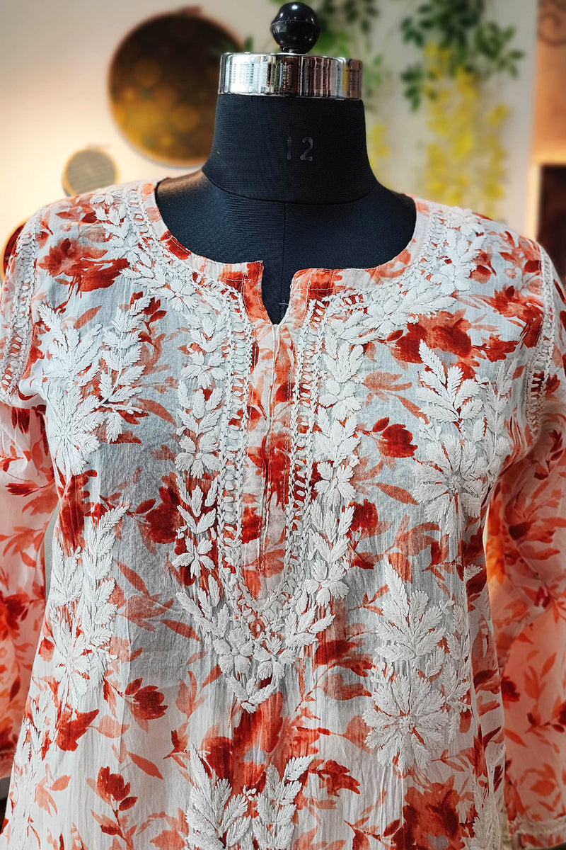 Pure Cotton Floral print  Lucknowi Kurta With Chikankari Embroidery