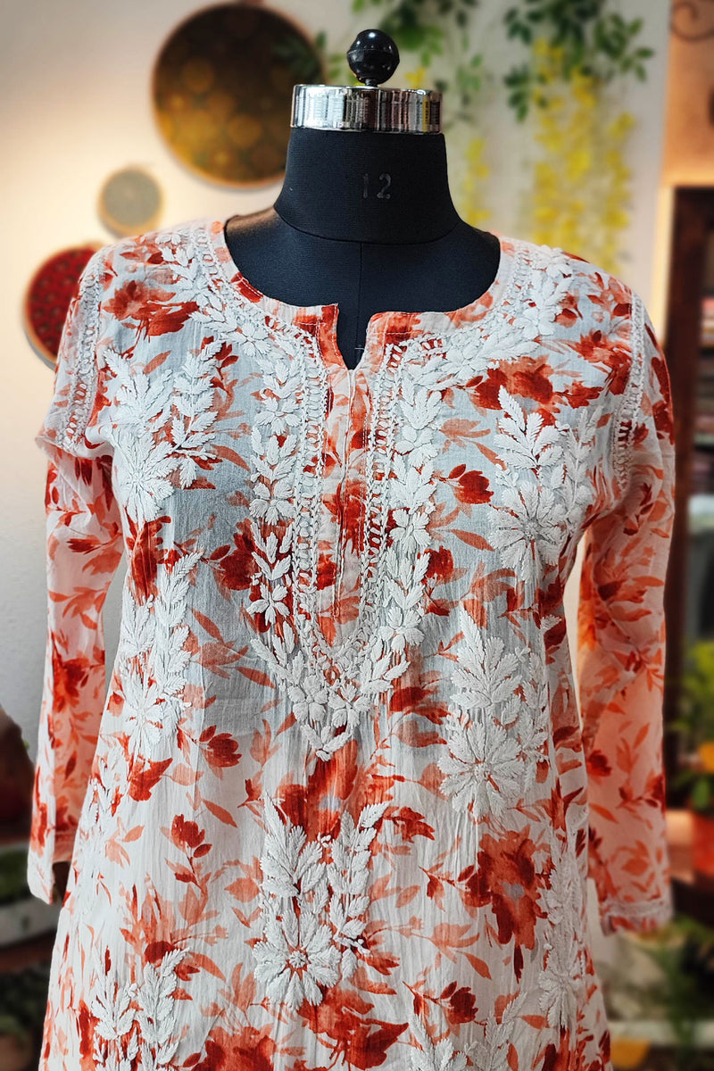 Pure Cotton Floral print  Lucknowi Kurta With Chikankari Embroidery