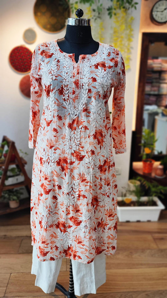 Pure Cotton Floral print  Lucknowi Kurta With Chikankari Embroidery