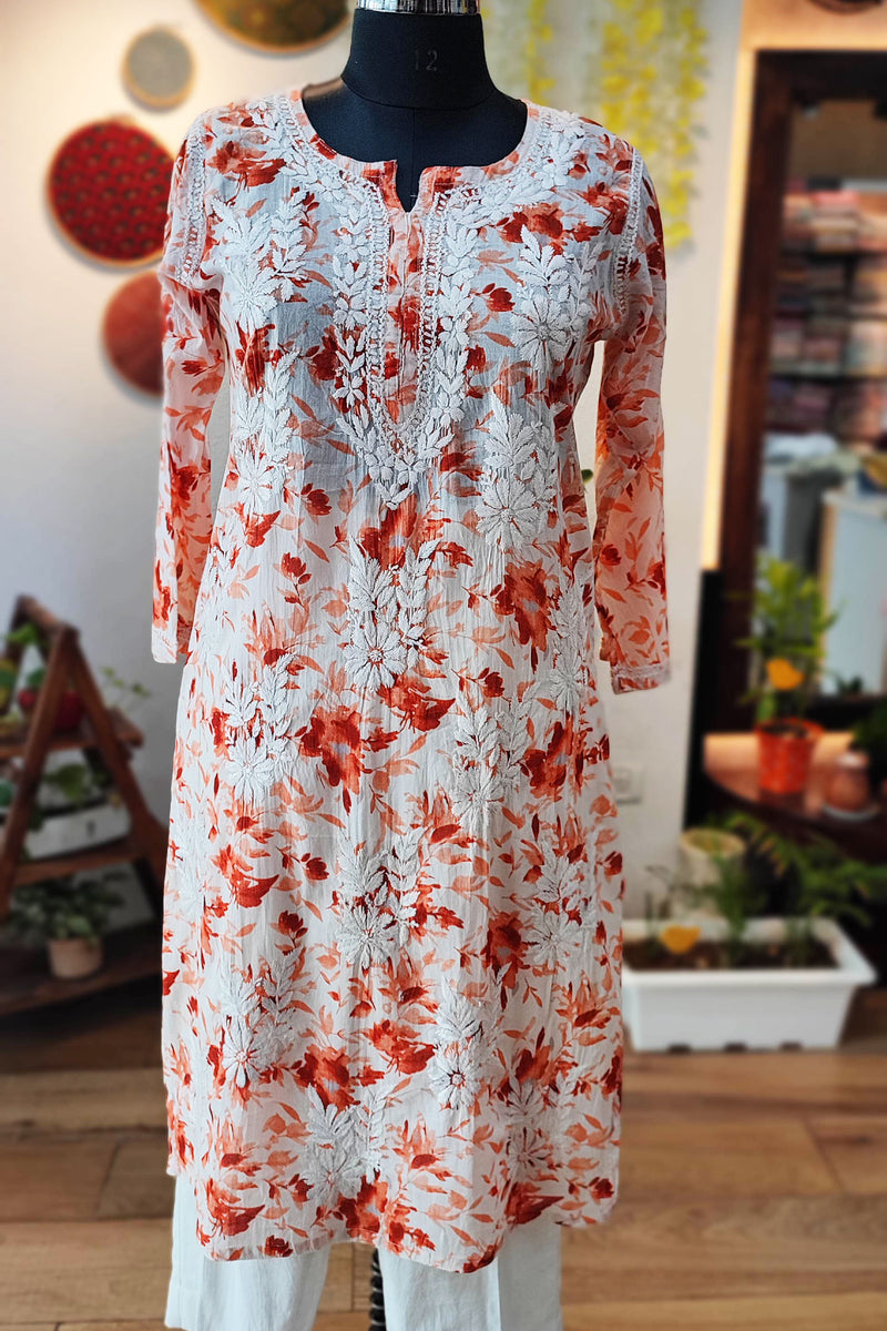 Pure Cotton Floral print  Lucknowi Kurta With Chikankari Embroidery