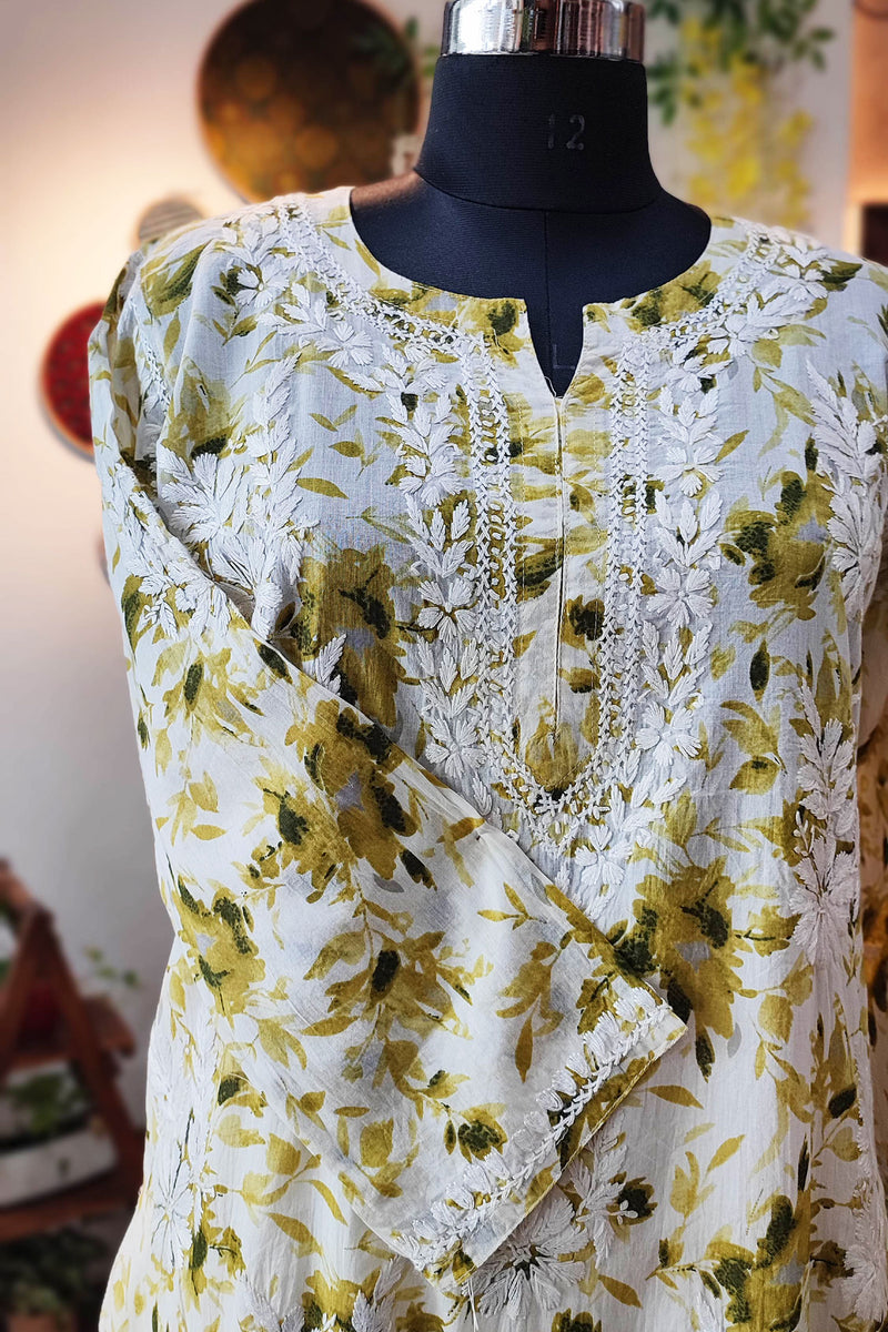 Pure Cotton Floral print  Lucknowi Kurta With Chikankari Embroidery