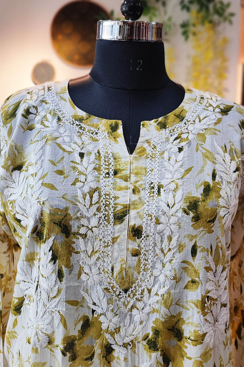 Pure Cotton Floral print  Lucknowi Kurta With Chikankari Embroidery