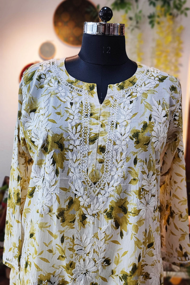 Pure Cotton Floral print  Lucknowi Kurta With Chikankari Embroidery