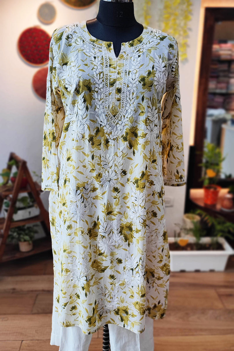 Pure Cotton Floral print  Lucknowi Kurta With Chikankari Embroidery