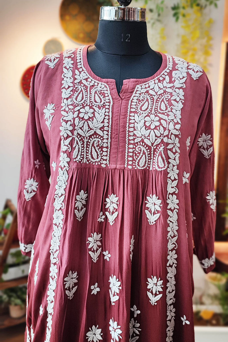 Rust Maroon Lucknowi Chikankari Soft Cotton Kurta