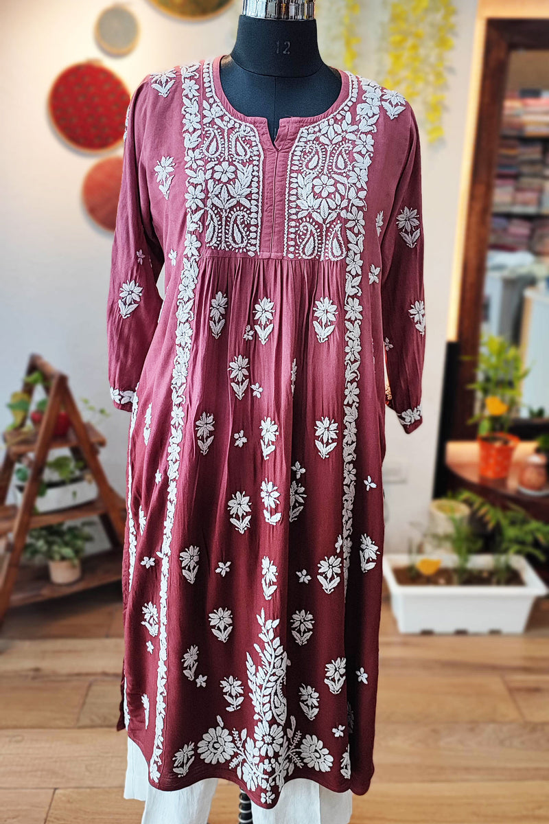 Rust Maroon Lucknowi Chikankari Soft Cotton Kurta