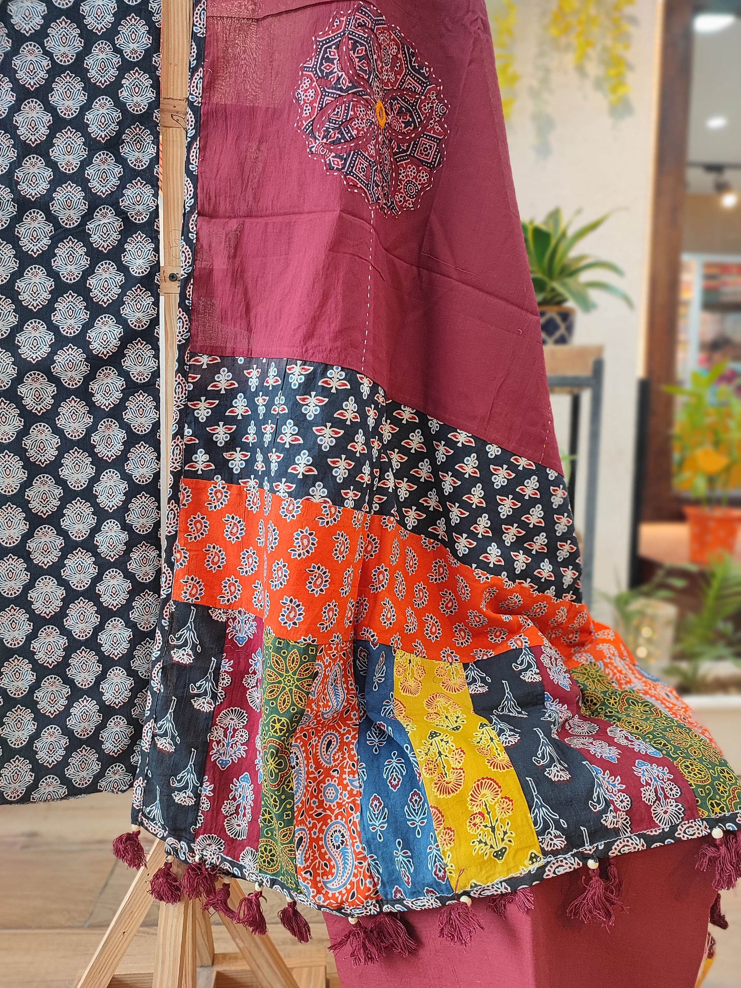 Multicolor Ajrakh Pure Cotton Suit With Applique Dupatta