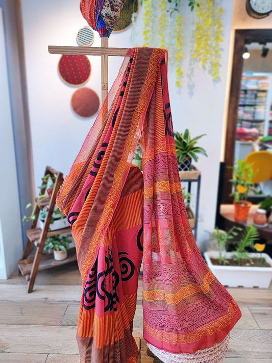 Pink & Peach Chiffon Saree With Crepe Blouse