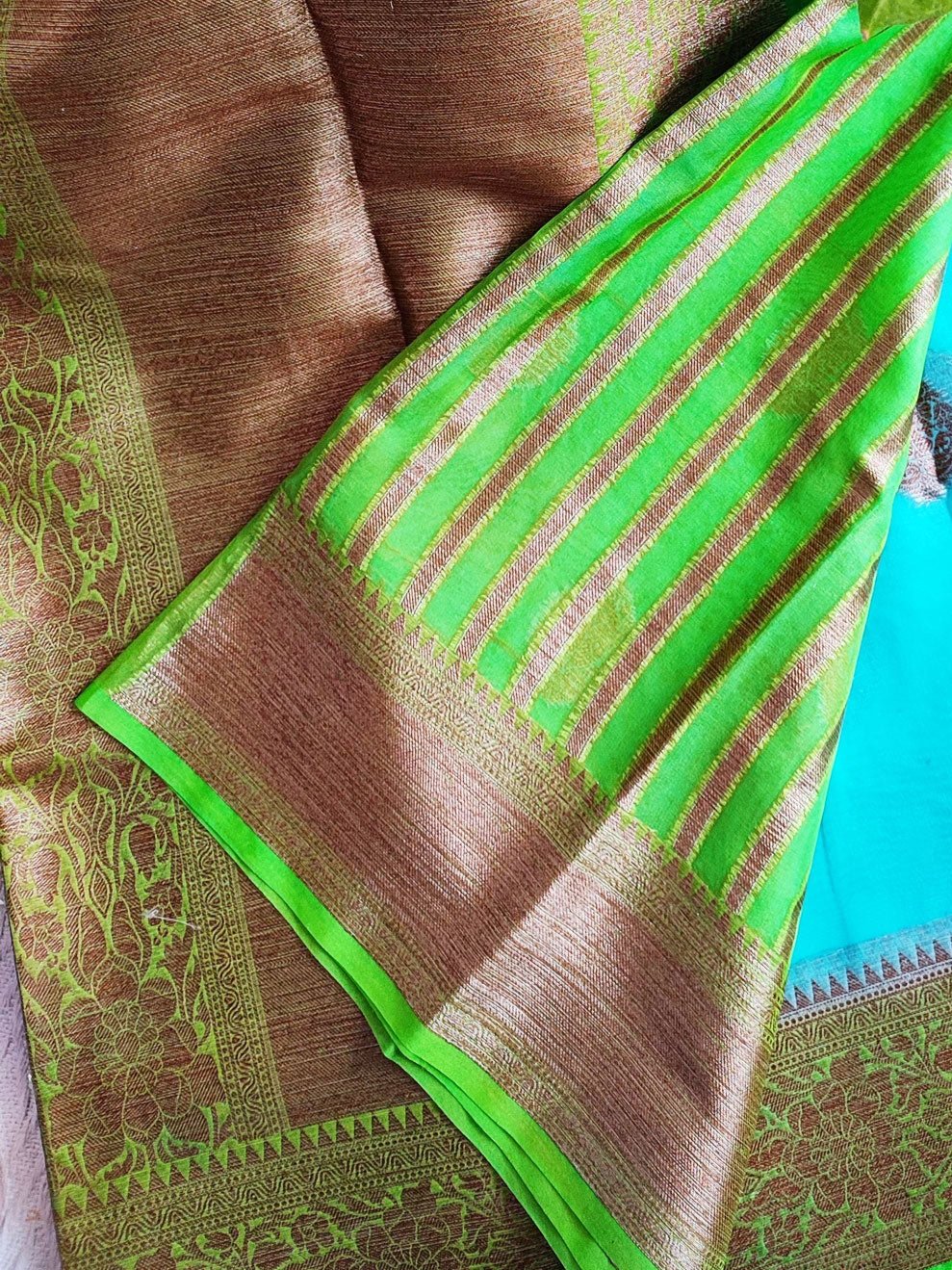 Cyan and Fern Green Semi Organza Silk Saree With Golden Rust Zari Border