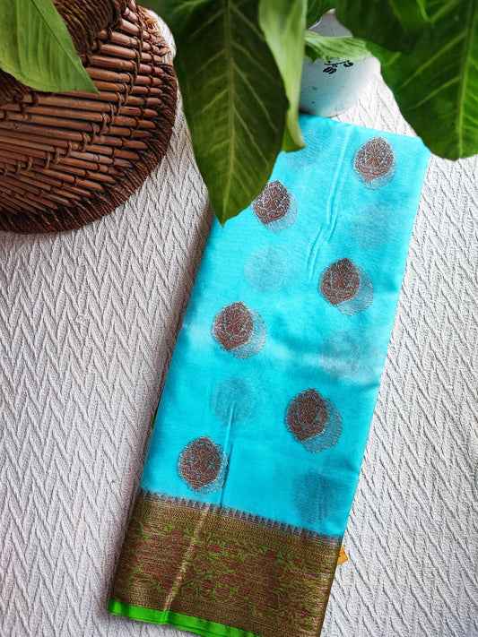 Cyan and Fern Green Semi Organza Silk Saree With Golden Rust Zari Border