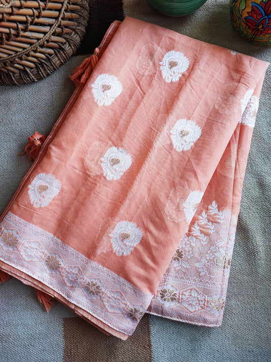 Peach Cotton by Silk Saree with Weaved Pallu and Border