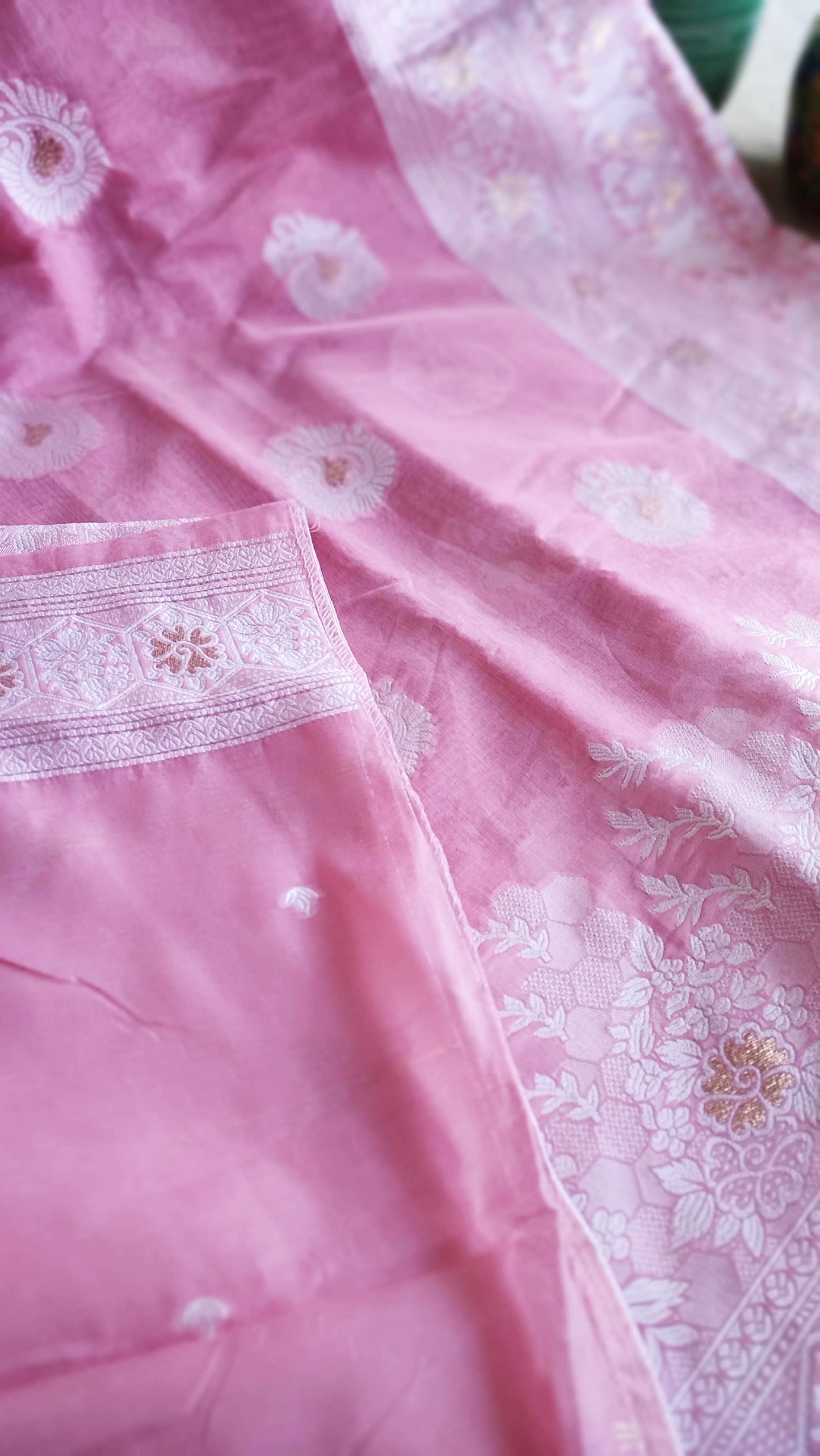Taffy Pink Cotton by Silk Saree with Weaved Pallu and Border