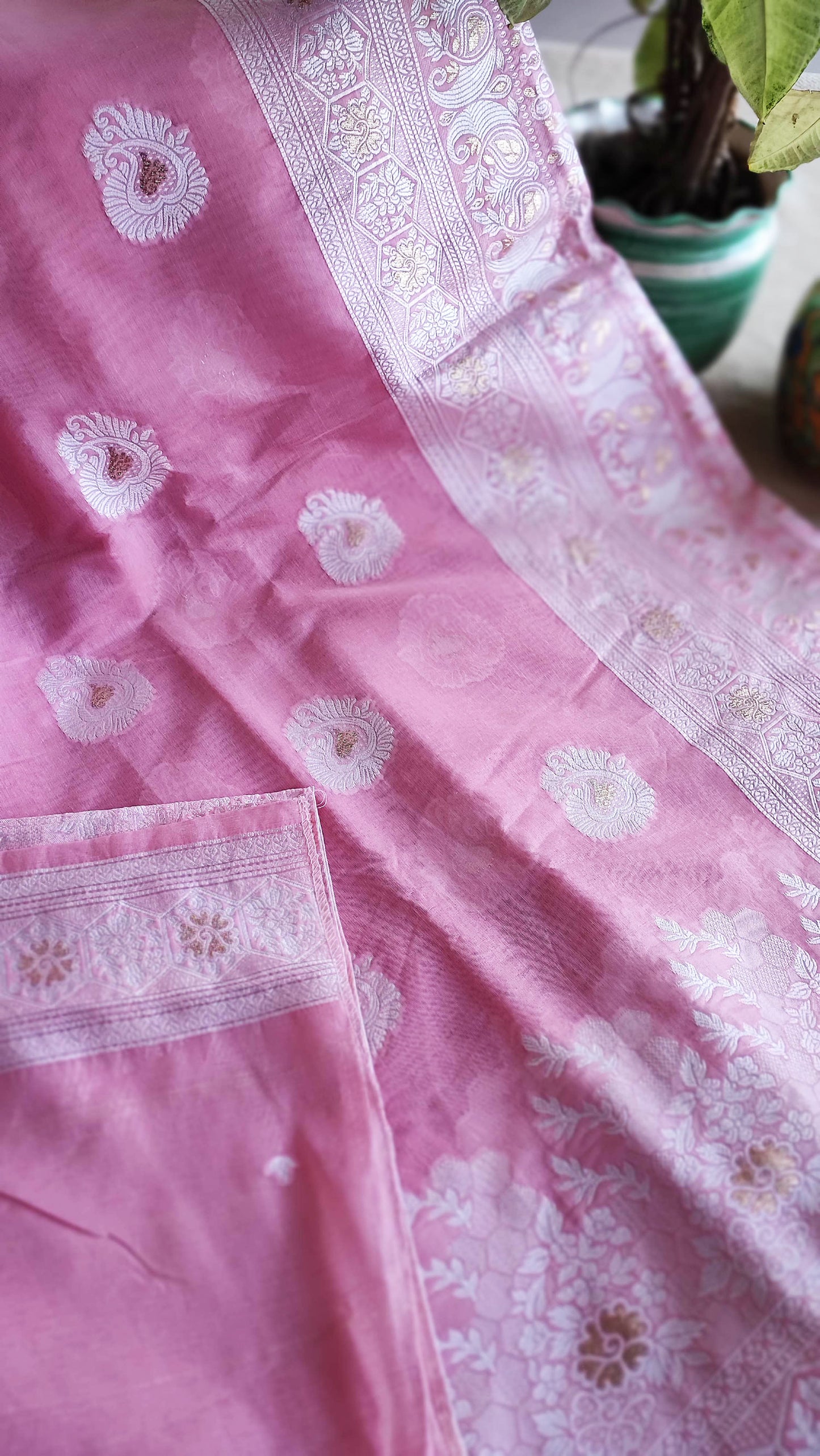 Taffy Pink Cotton by Silk Saree with Weaved Pallu and Border